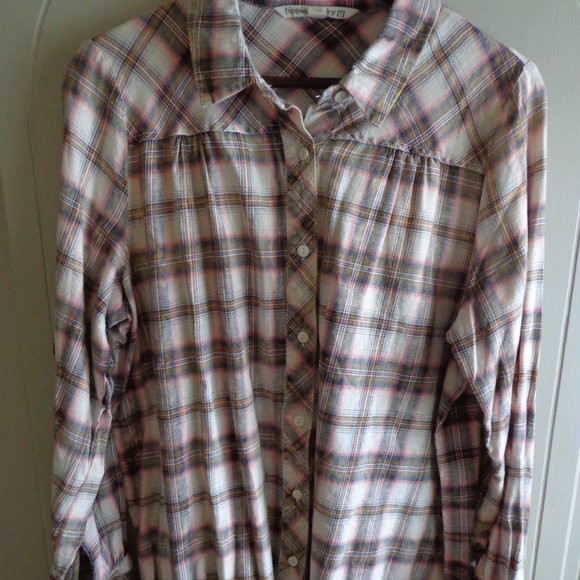 Hippie Laundry Relaxed Button Down Plaid Shirt M Long Sleeves Bell Tie Cuffs - Picture 1 of 16